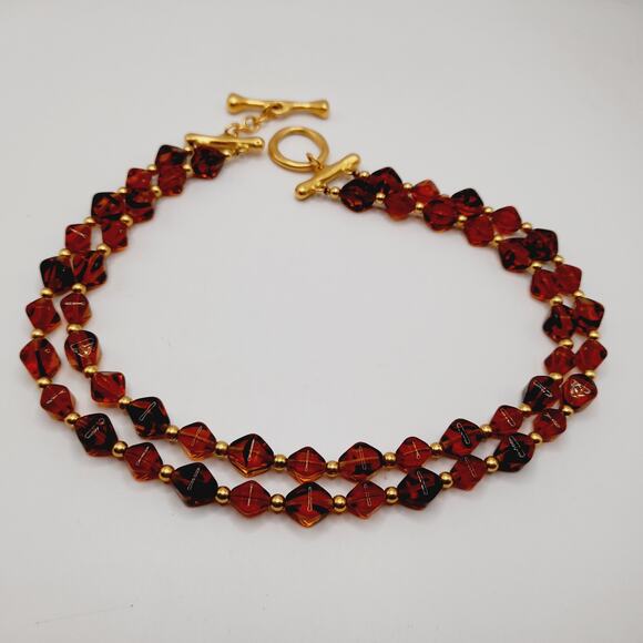 Vintage Topaz Glass Bead Two Strand Necklace Gold Tone Toggle Clasp 16” - Picture 6 of 14